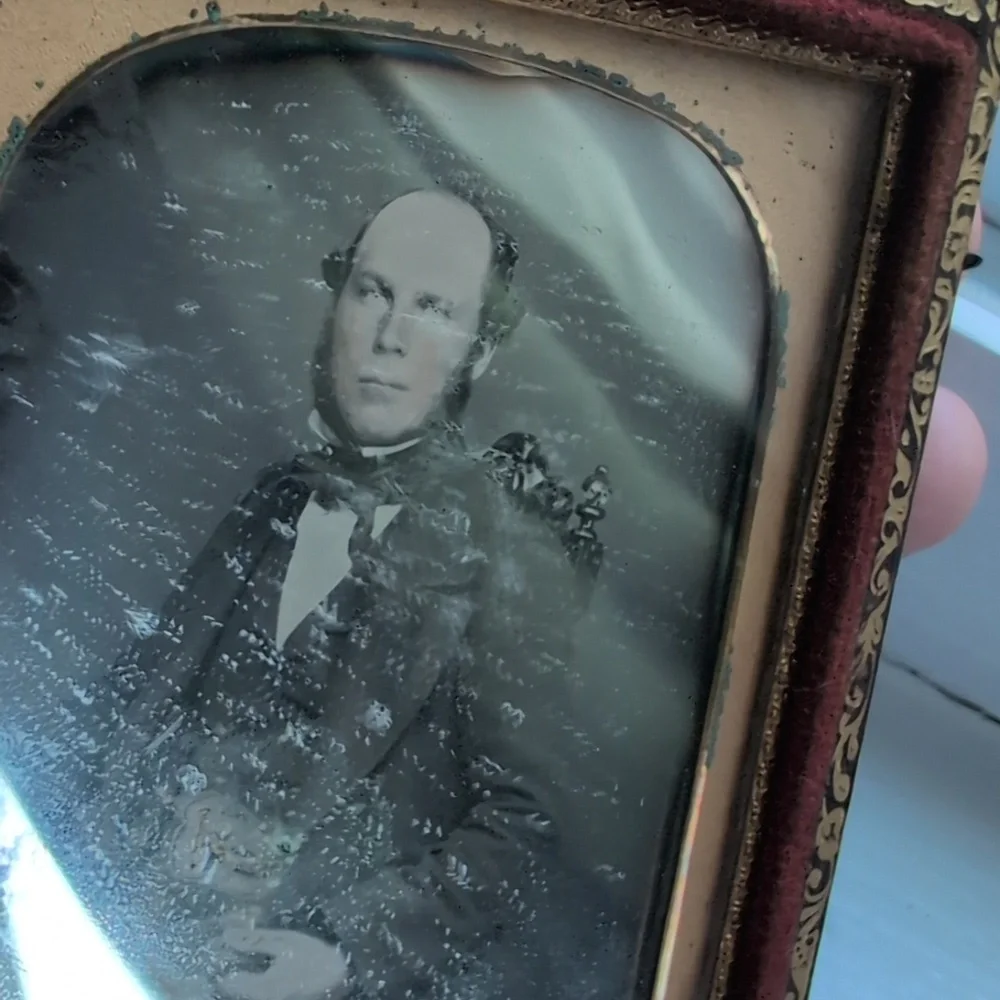 Daguerreotype of‎ a man with gilt framed glass mirror Antique Victorian 1800s